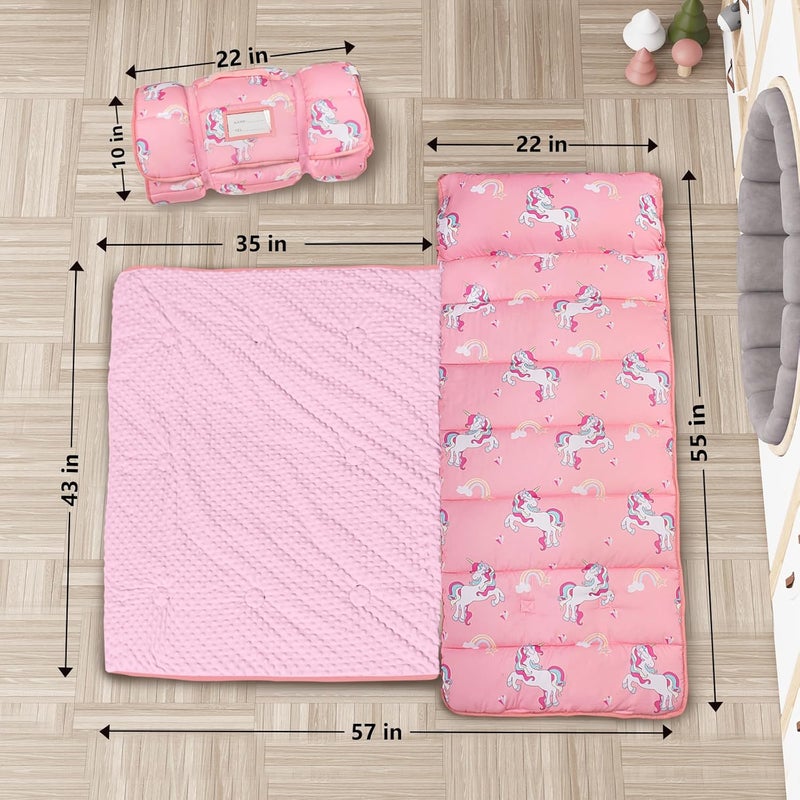 PRIMLECT Thickened Toddler Nap Mat with Removable Pillow and Minky Blanket, Extra Large 55''x35'' Sleeping Bag, Washable, Roll up, Perfect for Daycare, Preschool, Kindergarten, Boys and Girls Pink - Image 2